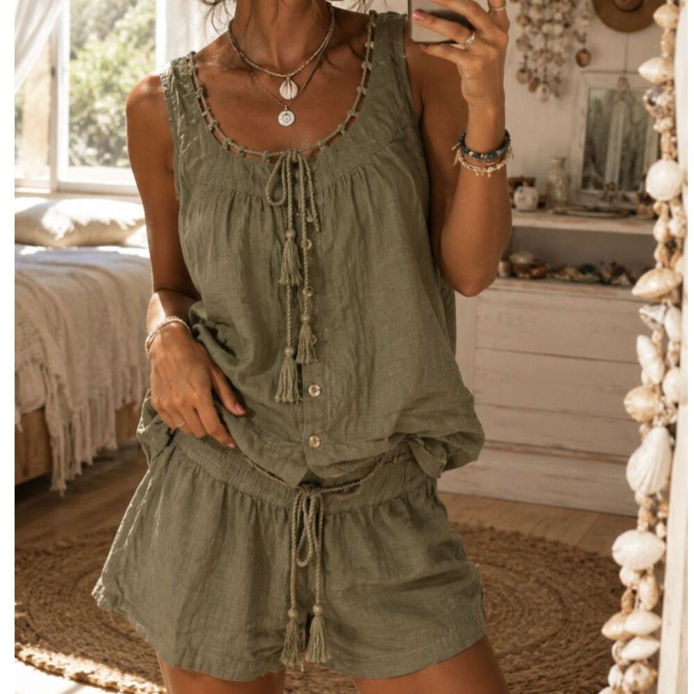 Bohemian European Summer Cotton 2 Piece French Laundry Green Tank & Shorts
